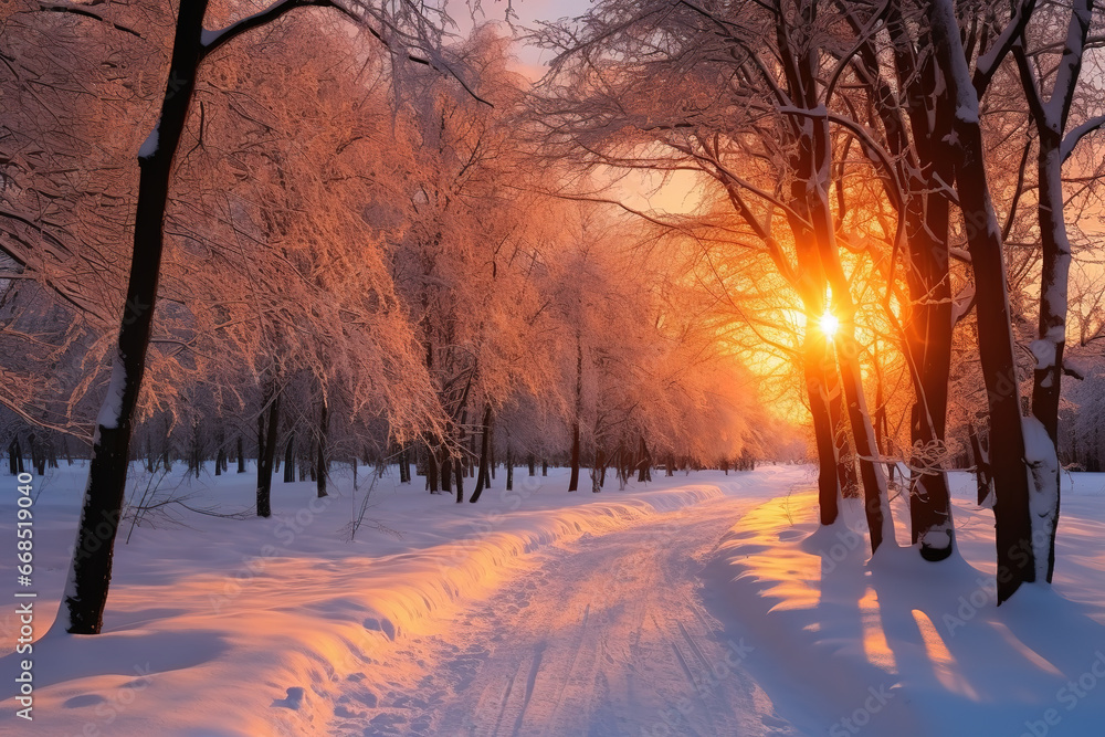 Snowy forest paradise, a world of serene beauty, winter charm Snowy forest paradise, a world of serene beauty, winter charm