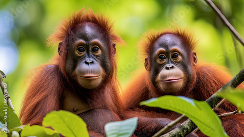 Orangutans perched in the treetops of the tropical rain forest, the exuberance of their habitat