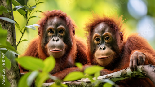 Orangutans perched in the treetops of the tropical rain forest, the exuberance of their habitat © IonelV