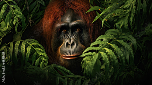 Orangutans perched in the treetops of the tropical rain forest, the exuberance of their habitat © IonelV