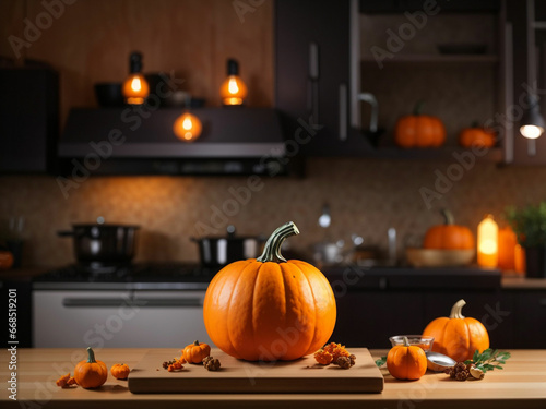 Thanks giving pumpkins isolated in kitchen at night with blur background. Thanks Giving © Adeel