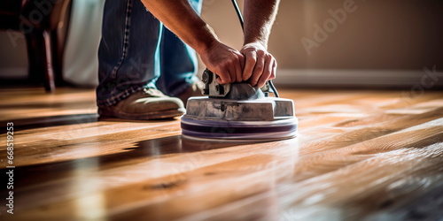 Flooring Refinishing , worker's hands during the sanding and refinishing of hardwood floors photo