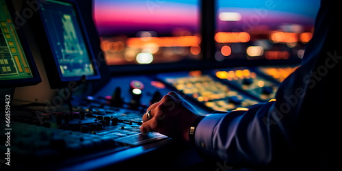 focused hands of an air traffic controller as they guide aircraft on the runway and in the sky.