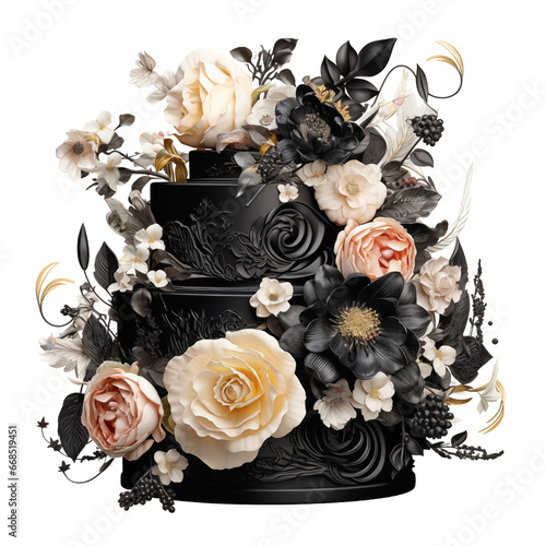 festliche opulente schwarze Torte mit vielen Blumen