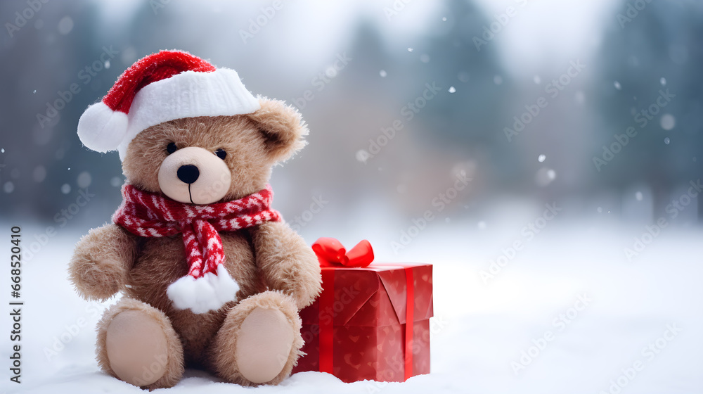 Cute teddy bear with Christmas gifts on snowy background. Cute teddy bear with Christmas gifts on snowy background.