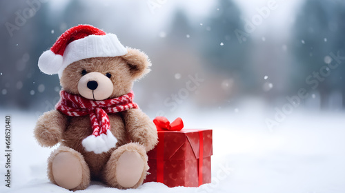 Cute teddy bear with Christmas gifts on snowy background. © Tattoo_SP