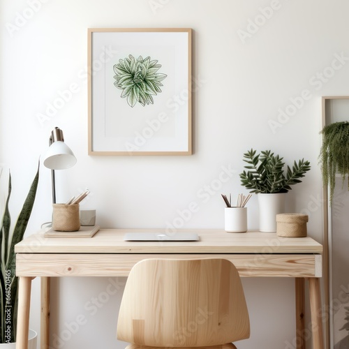 Home workplace, work from home, wooden chair and desk near white wall with botanic mockup poster frame.  © Gasi