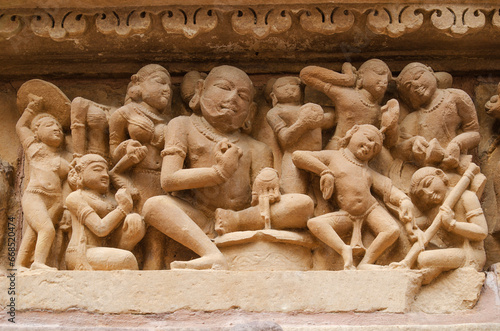 Beautiful sculptures on the wall of Khajuraho Temples, Khajuraho, Madhya Pradesh, India, Asia.