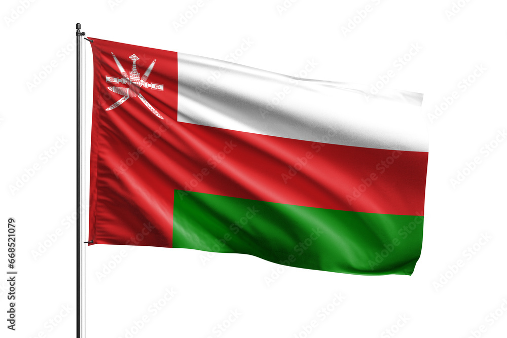 Fototapeta premium 3d illustration flag of Oman. Oman flag waving isolated on white background with clipping path. flag frame with empty space for your text.