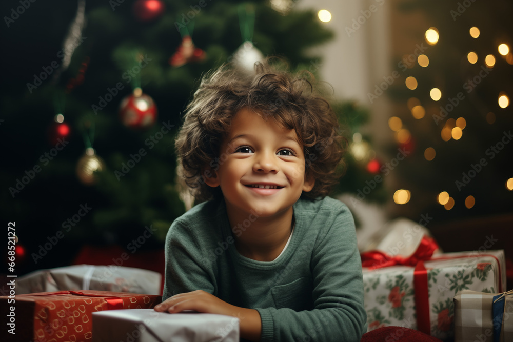 a young boy holding a present box in front of a christmas tree a young boy holding a present box in front of a christmas tree