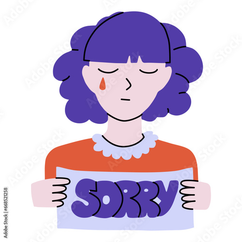 The girl is apologizing. Sad girl holding a banner with word sorry. Cartoon vector Illustration in violet and orange colours isolated on white background