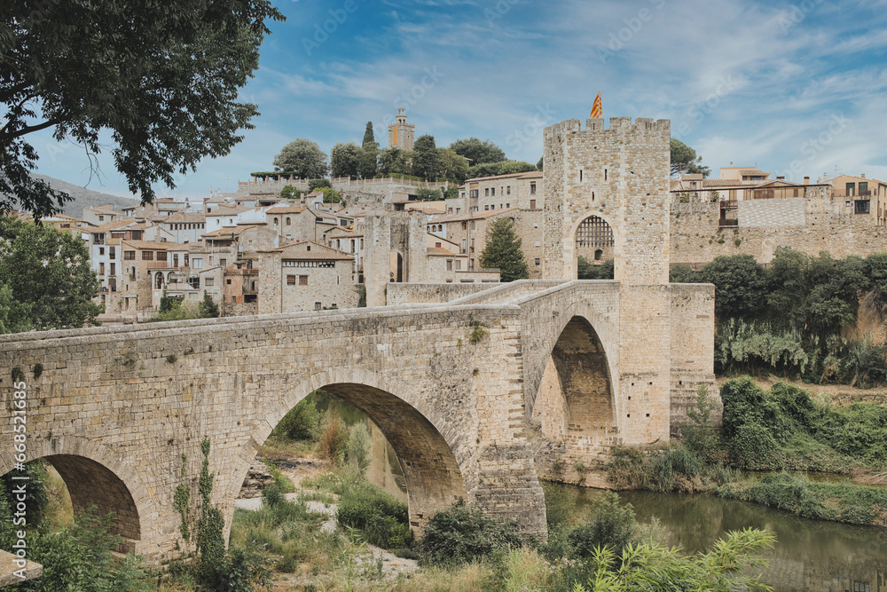 View of the medieval town with bridge. Besalu, Catalonia, Spain.