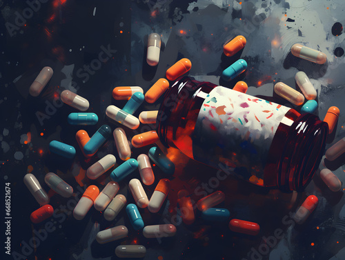 Vibrant capsules spilt from a bottle onto a dark surface. The essence of modern medicine and health treatments like depression. photo