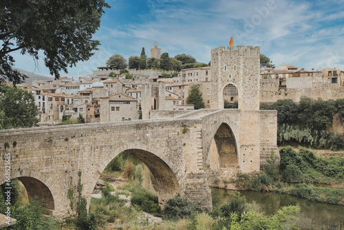 View of the medieval town with bridge. Besalu, Catalonia, Spain.