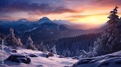 Stunning sunrise over snowy mountain peaks © boxstock production