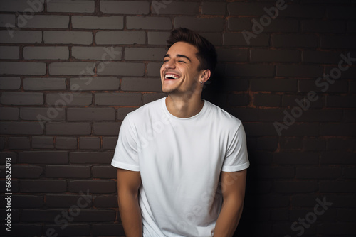 Laughing Model in Plain White T-Shirt with Studio Lighting and Bokeh 