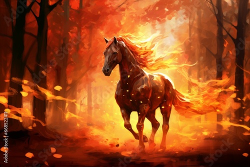 Commanding Fire horse in night forest. Fog fantasy night. Generate Ai © juliars