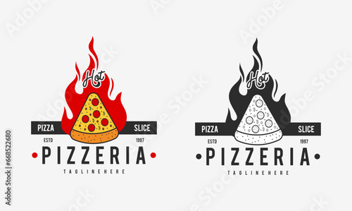  hot pizzeria restaurant vintage logo design. pizza slice symbol for food drink and restaurant.