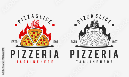  hot pizzeria restaurant vintage logo design. pizza slice symbol for food drink and restaurant.