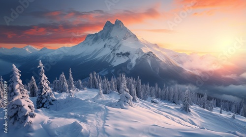 Stunning sunrise over snowy mountain peaks