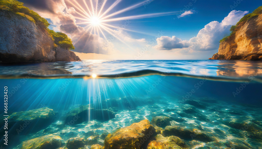 Split Underwater View with Sunny Sky Above Split Underwater View with Sunny Sky Above