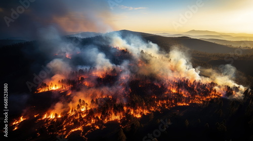 Drone View of Burning Forest - Wildfire Devastation, Global Warming, and Climate Change Concept, Aerial Perspective of an Environmental Disaster