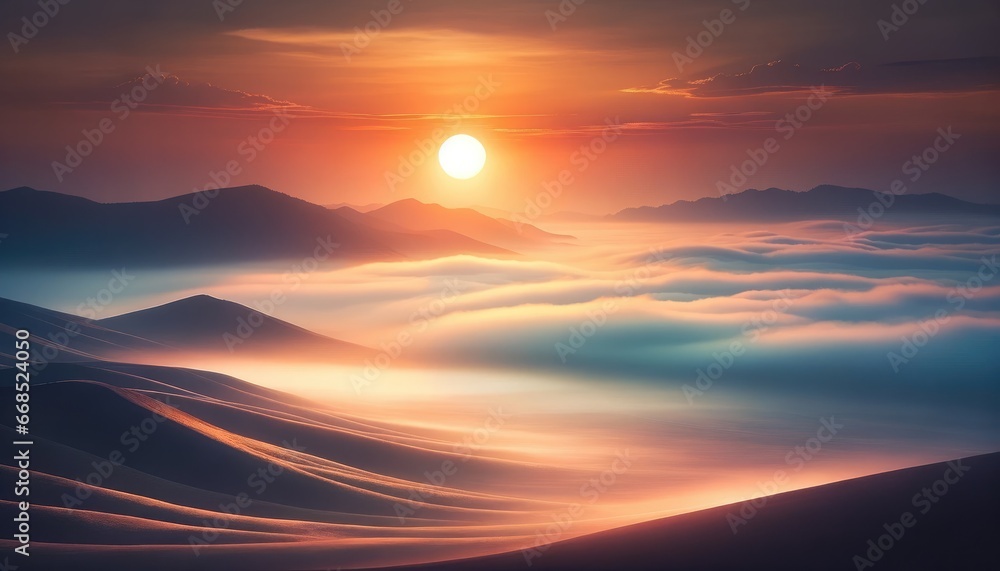 Ethereal Sunset Over Misty Sand Dunes Landscape