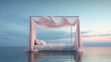 Fluffy white bed with baldachin posing on the top of the water lake river or sea, in dreamy surreal landscape setup with pastel clouds and sky.