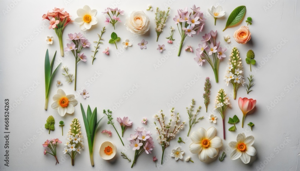 Vibrant Floral Arrangement on White Background Flatlay