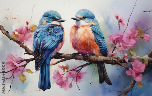 Elegantly Formal Watercolor Bird Art  Vibrant Composition in Light Green  Dark Blue  Pink  and Indigo Tones  a Lovely and Colorful Avian Masterpiece