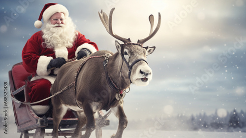 Joyful Santa Claus seated in his sleigh, being pulled by a beautiful reindeer, against a magical snowy backdrop ,generated by IA