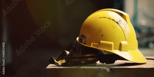 Yellow constructions helmet on dark background