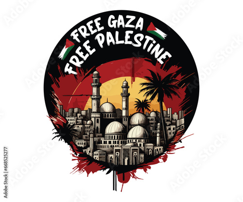 Free Gaza Free Palestine, T-shirt design with a background of the destroyed city of Gaza, suitable for digital t-shirt screen printing, etc photo