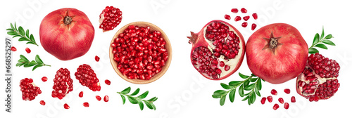 Pomegranate isolated on white background with full depth of field. Top view. Flat lay