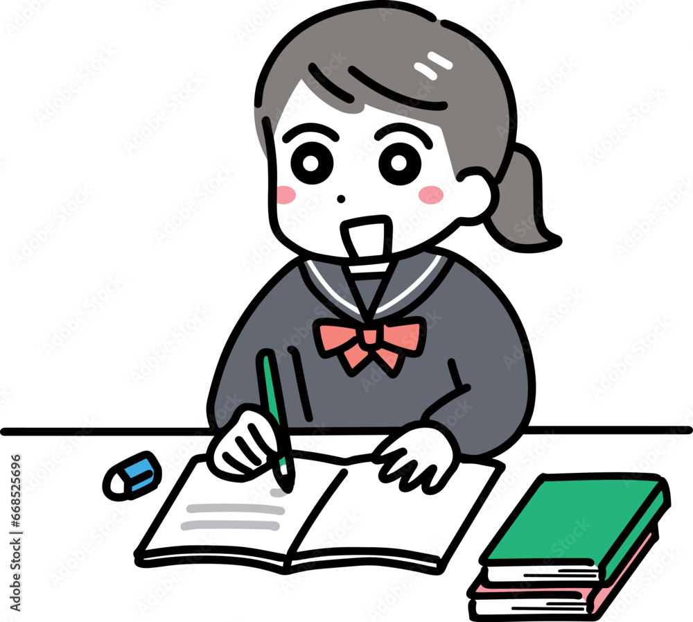 笑顔で勉強しているセーラー服の女の子