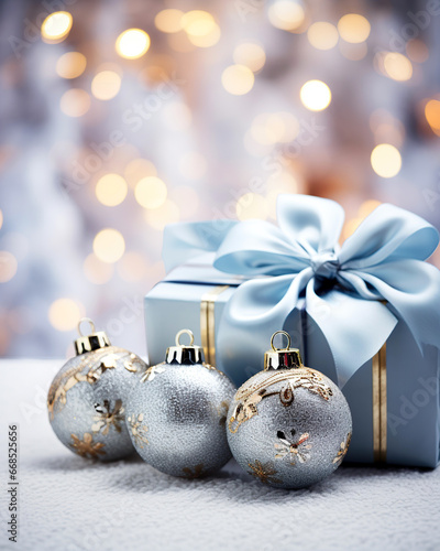 Christmas background with copy space, silver christmas balls and blue gift box with bow, new year glitter baubles on magic blurry bokeh background. Winter holidays festive decoration, greeting card.