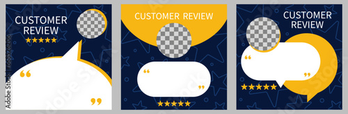 Set of three template with speech bubble for customer feedback, testimonial or review quote on dark blue background. Empty speech bubble frame with quotation marks and copy space for quotes.