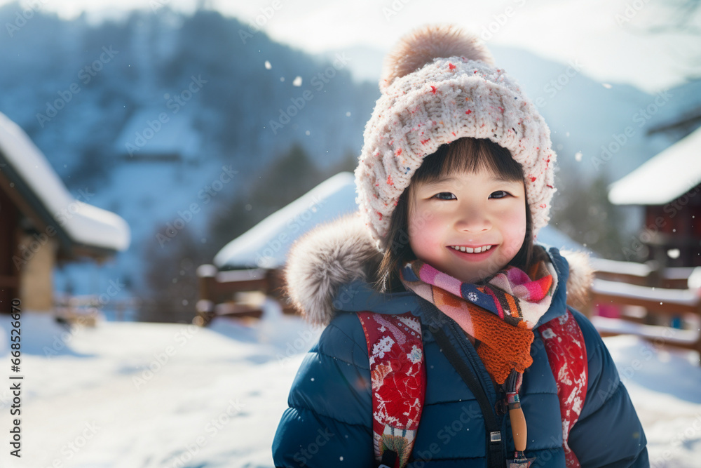 A young Chinese child experiencing snow for the first time, with wide eyes and a huge smile A young Chinese child experiencing snow for the first time, with wide eyes and a huge smile