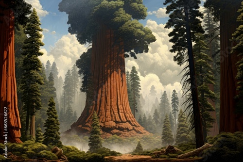Enduring Giant sequoia tree. Green forest nature. Generate Ai photo