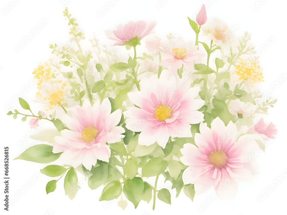 bouquet of pink flowers with green leaves, ai generative