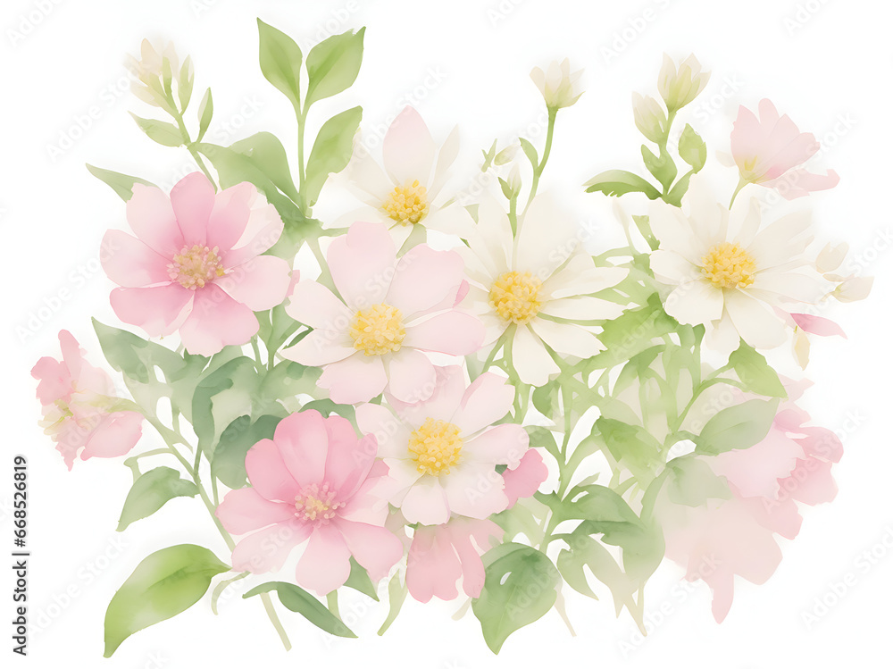 bouquet of pink flowers with green leaves, ai generative