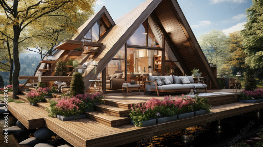 Fototapeta premium a-frame house in nature, glamping, hotel, recreation center, modern architecture, stylish building, guest house, villa, triangular, pyramidal, glass, garden, wood