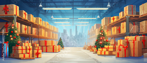 A large Christmas warehouse with numerous items. Rows of shelves with boxes. Logistics. Inventory control, order fulfillment or space optimization