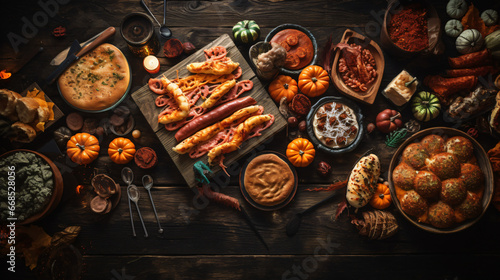 Halloween party food table scene over a rustic wood