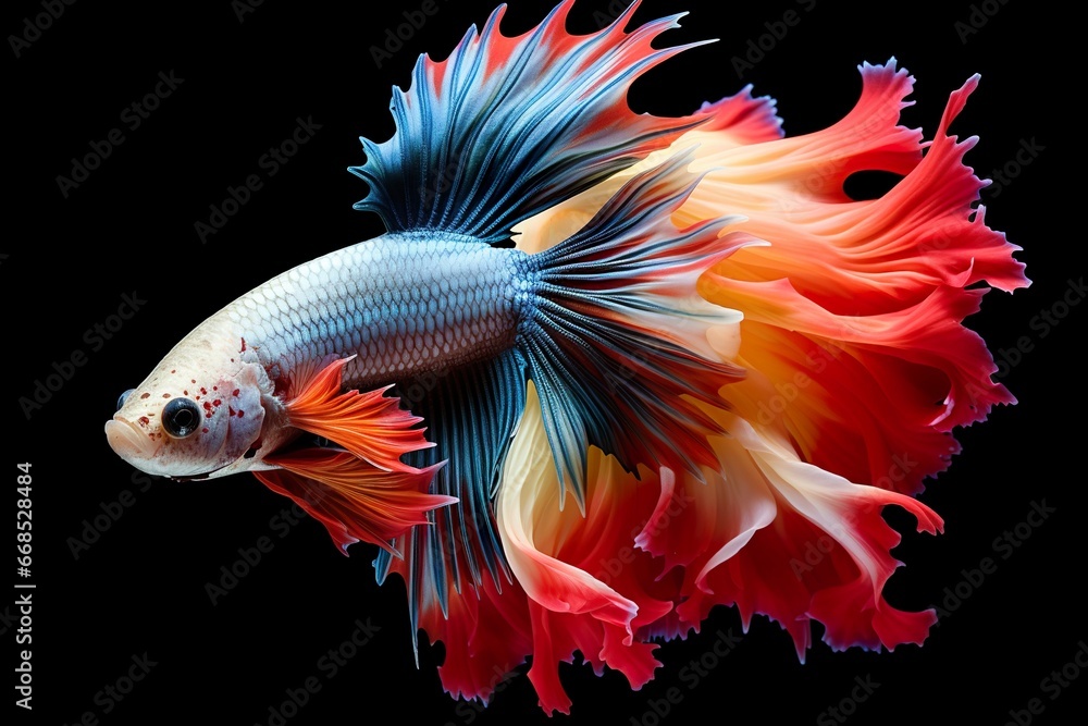 Siamese fish with flower tails and fins. Colorful floral fighting betta fish isolated on black Siamese fish with flower tails and fins. Colorful floral fighting betta fish isolated on black