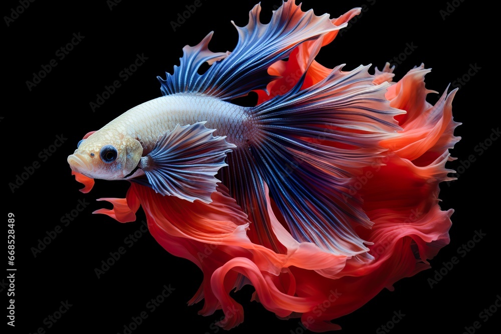 Siamese fish with flower tails and fins. Colorful floral fighting betta fish isolated on black