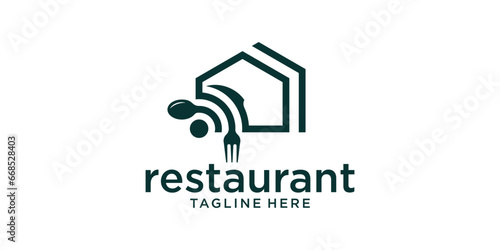 restaurant logo design with elements combining the shape of a house, internet signal and cutlery.
