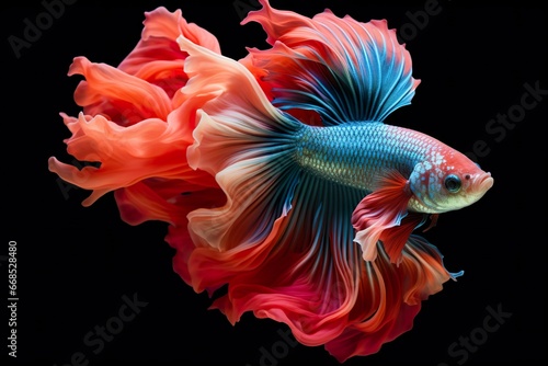 Siamese fish with flower tails and fins. Colorful floral fighting betta fish isolated on black © JetHuynh