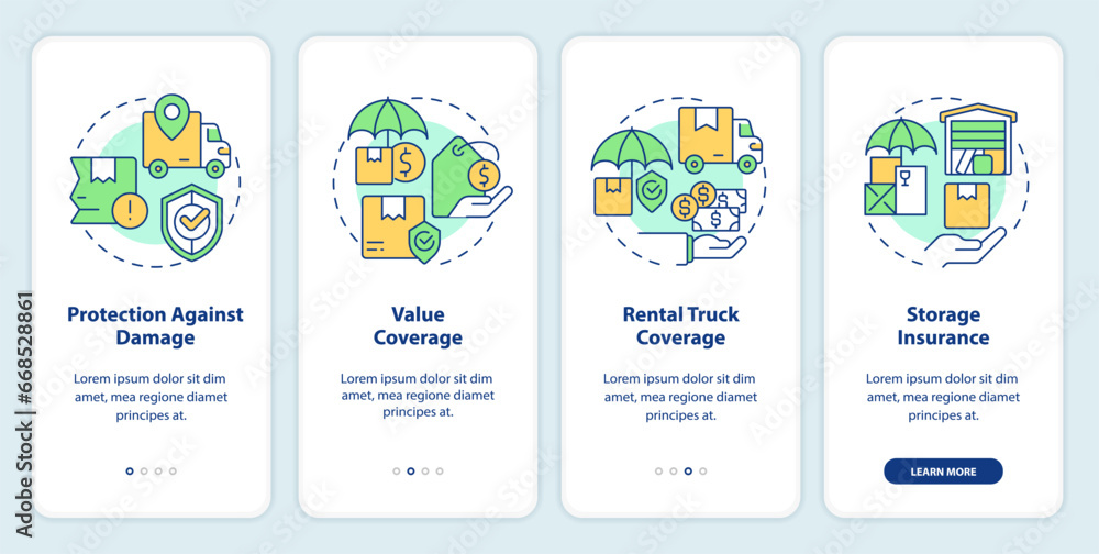 2D icons representing moving service mobile app screen set. Walkthrough 4 steps colorful graphic instructions with line icons concept, UI, UX, GUI template. 2D icons representing moving service mobile app screen set. Walkthrough 4 steps colorful graphic instructions with line icons concept, UI, UX, GUI template.