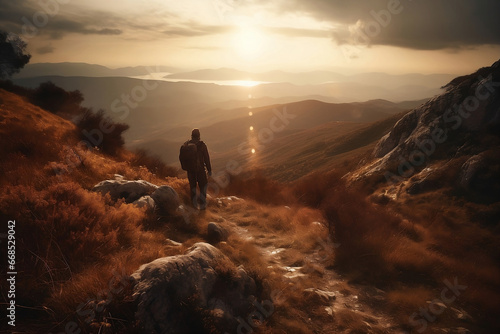 silhouette of a person on a mountain top. 